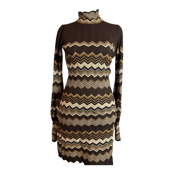 Moda International Brown Chevron Sweater Dress Mock Turtle Neck XS - Picture 1 of 8